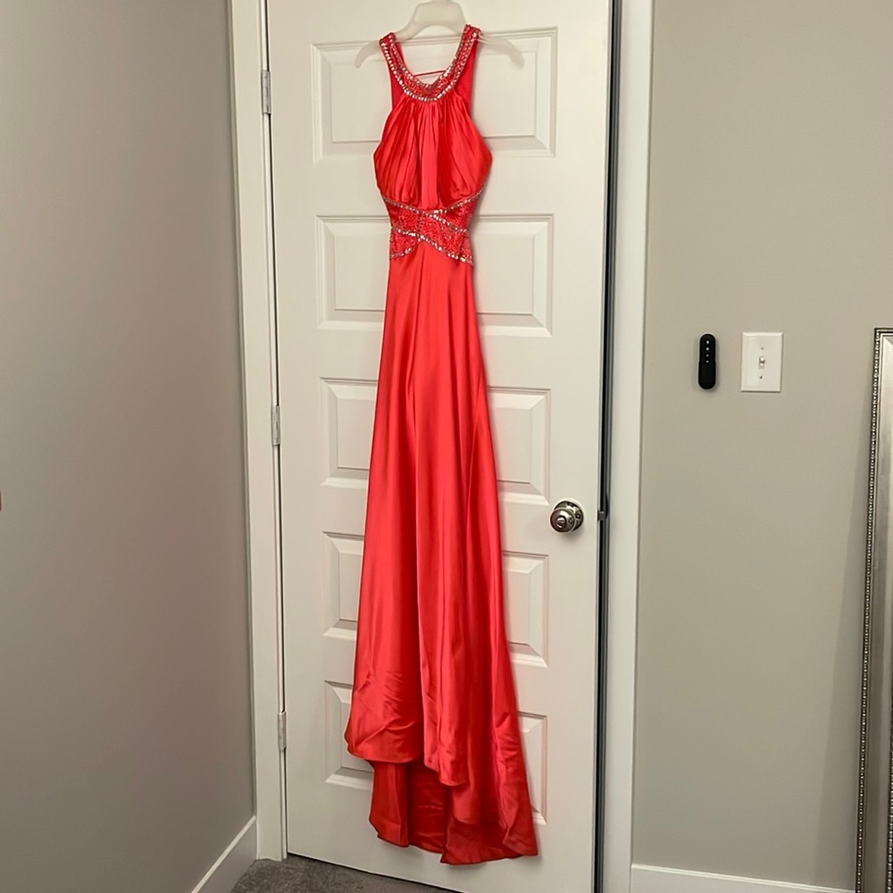 Morgan & Co Neon Pink Silky Backless Prom Dress